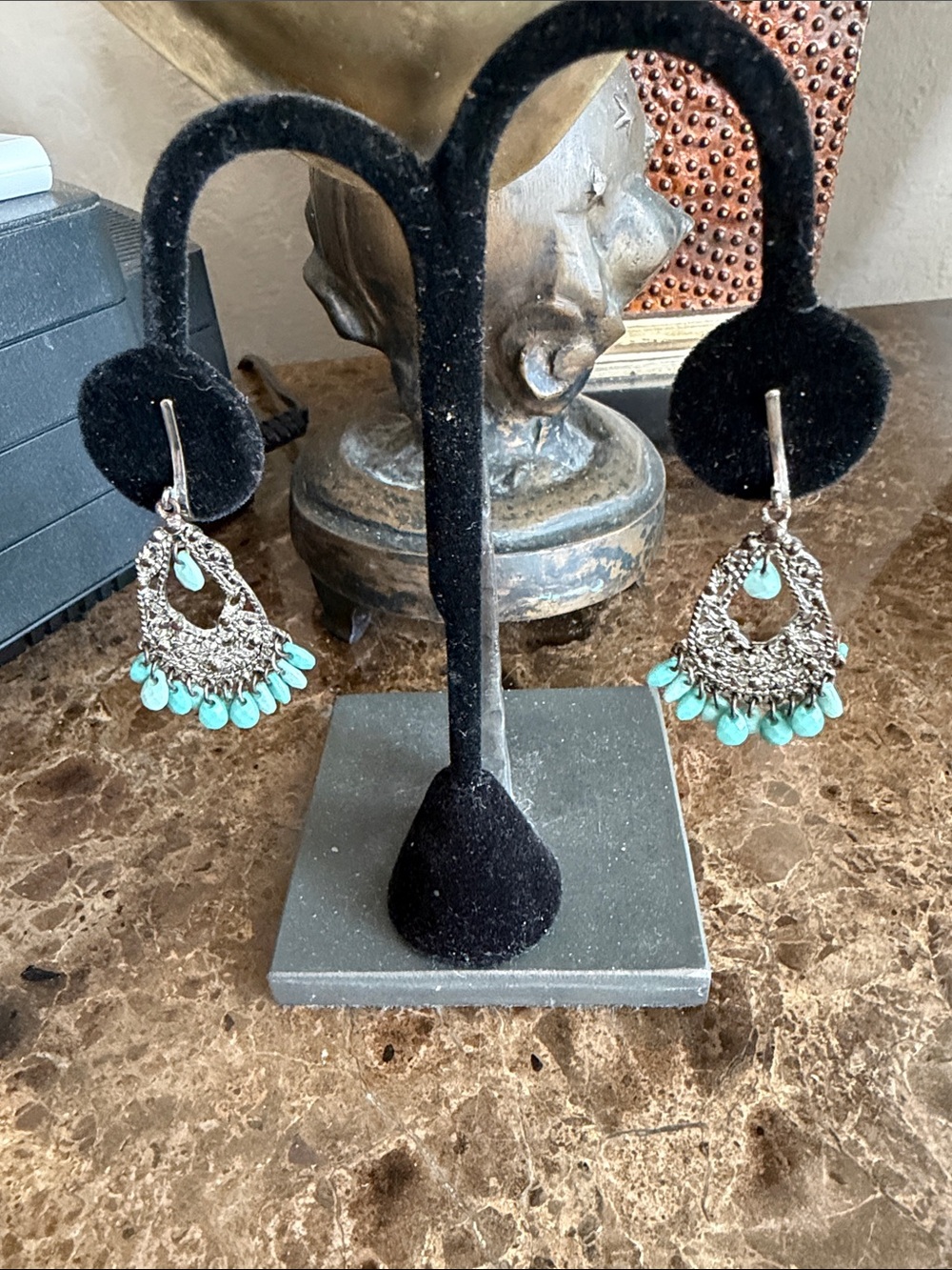 Silver Filigree Teardrop Earrings with Turquoise Beads clips